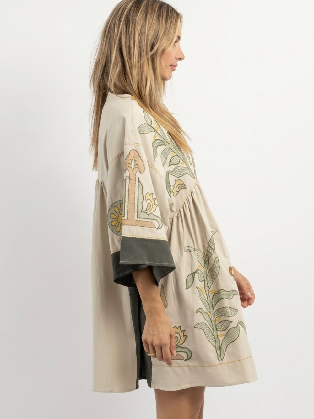 Women's Vintage Embroidered Babydoll Dress Oversized V Neck Boho Tunic Mini
